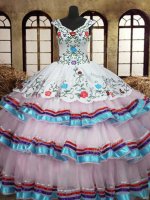 Inexpensive Straps Sleeveless Floor Length Embroidery and Ruffled Layers Lace Up Sweet 16 Quinceanera Dress with White
