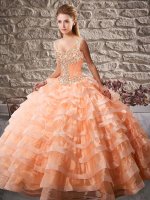 Simple Orange Sleeveless Court Train Beading and Ruffled Layers Sweet 16 Dresses