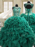 Scoop Teal Ball Gowns Beading and Ruffles Ball Gown Prom Dress Lace Up Organza Sleeveless Floor Length