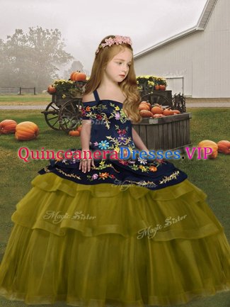 Olive Green Sleeveless Tulle Lace Up Little Girls Pageant Gowns for Party and Wedding Party