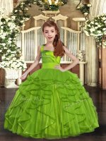 Amazing Olive Green Ball Gowns Tulle Straps Sleeveless Ruffles Floor Length Lace Up Little Girl Pageant Gowns