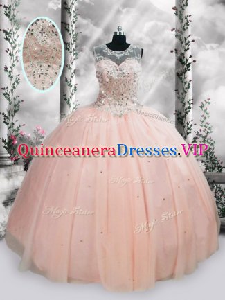 Tulle Scoop Sleeveless Lace Up Beading and Sequins Military Ball Gown in Pink