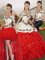 Three Pieces Quinceanera Gowns White And Red Off The Shoulder Organza Sleeveless Floor Length Lace Up