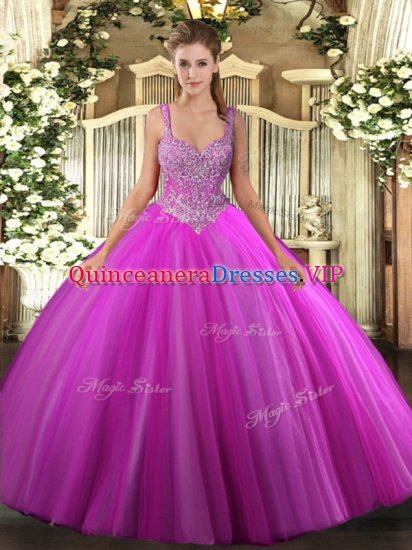 Fuchsia Ball Gowns Beading 15th Birthday Dress Lace Up Tulle Sleeveless Floor Length - Click Image to Close
