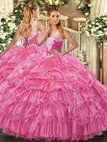 Free and Easy Floor Length Lace Up Quinceanera Dresses Rose Pink for Military Ball and Sweet 16 and Quinceanera with Beading and Ruffled Layers and Pick Ups