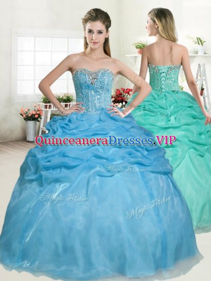 High End Baby Blue Ball Gowns Beading and Pick Ups Quinceanera Gowns Lace Up Organza Sleeveless Floor Length - Click Image to Close
