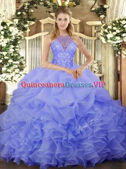 Floor Length Blue 15 Quinceanera Dress Organza Sleeveless Beading and Ruffles and Pick Ups - Click Image to Close