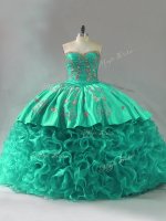 Fabulous Green Ball Gowns Fabric With Rolling Flowers Sweetheart Sleeveless Embroidery and Ruffles Lace Up Sweet 16 Dress Court Train