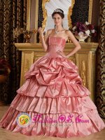 Erfurt Germany Watermelon Red For Discount Floor-length Quinceanera Dress With Strapless Pick-ups and Beading