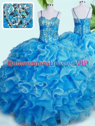 Adorable Baby Blue Lace Up Spaghetti Straps Beading and Ruffles 15 Quinceanera Dress Organza Sleeveless