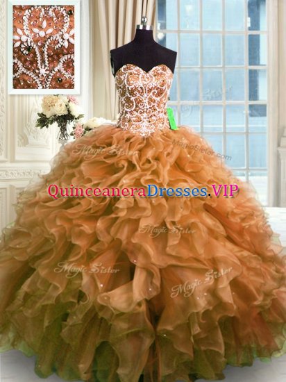 Fashionable Brown Organza Lace Up Vestidos de Quinceanera Sleeveless Floor Length Beading and Ruffles - Click Image to Close