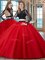 Scoop Long Sleeves Floor Length Appliques Backless Ball Gown Prom Dress with Red
