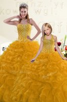 Cute Sweetheart Sleeveless 15 Quinceanera Dress Floor Length Beading and Ruffles Gold Organza