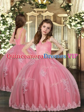 Sleeveless Tulle Floor Length Lace Up Little Girl Pageant Gowns in Watermelon Red with Appliques