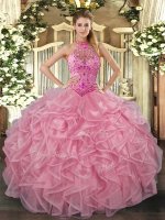 Floor Length Ball Gowns Sleeveless Baby Pink Ball Gown Prom Dress Lace Up
