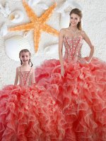 Decent Sleeveless Organza Floor Length Lace Up Quinceanera Gowns in Coral Red with Beading and Ruffles
