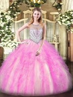 High End Lilac Ball Gowns Tulle Scoop Sleeveless Beading and Ruffles Floor Length Zipper Quinceanera Gowns