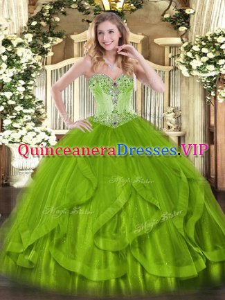Glorious Olive Green Sweetheart Lace Up Beading and Ruffles Quinceanera Gown Sleeveless
