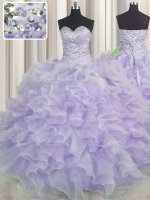 Lavender Lace Up Sweetheart Beading and Ruffles Ball Gown Prom Dress Organza Sleeveless