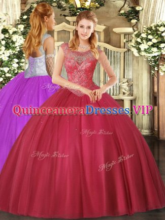 Wonderful Coral Red Scoop Neckline Beading Quinceanera Gowns Sleeveless Lace Up