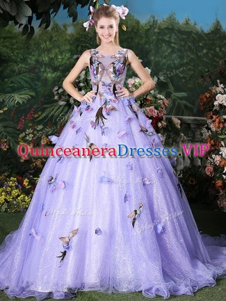 Clearance Scoop Lavender Quinceanera Gowns Organza Brush Train Sleeveless Appliques