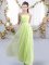 Fashionable Sleeveless Chiffon Sweep Train Lace Up Dama Dress in Yellow Green with Beading