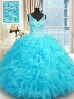Beading and Ruffles Ball Gown Prom Dress Baby Blue Zipper Sleeveless Floor Length