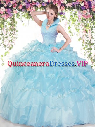 Most Popular Ruffled Floor Length Baby Blue Quinceanera Dress High-neck Sleeveless Backless