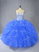 New Arrival Sweetheart Sleeveless 15th Birthday Dress Floor Length Beading and Ruffles Blue Organza