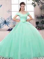 Dramatic Short Sleeves Floor Length Lace and Hand Made Flower Lace Up Sweet 16 Dress with Apple Green