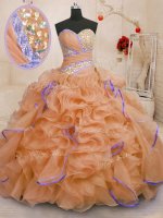 Orange Sweetheart Lace Up Beading and Ruffles Vestidos de Quinceanera Brush Train Sleeveless