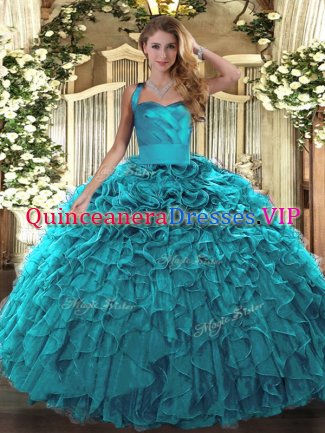 Pretty Ball Gowns Ball Gown Prom Dress Teal Halter Top Organza Sleeveless Floor Length Lace Up