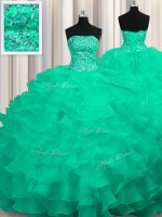 Customized Sweep Train Turquoise Ball Gowns Beading and Ruffles Sweet 16 Quinceanera Dress Lace Up Organza Sleeveless