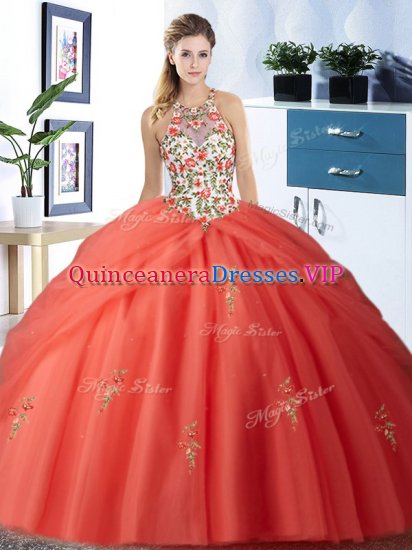 High Quality Halter Top Sleeveless Lace Up Floor Length Embroidery and Pick Ups Quinceanera Gowns - Click Image to Close