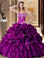Purple Lace Up Sweetheart Embroidery and Ruffles Ball Gown Prom Dress Organza Sleeveless