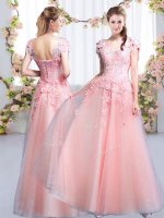 Pink V-neck Lace Up Beading and Appliques Dama Dress for Quinceanera Cap Sleeves