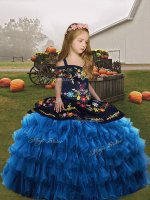 Blue Straps Neckline Embroidery and Ruffled Layers Pageant Dress for Teens Sleeveless Lace Up