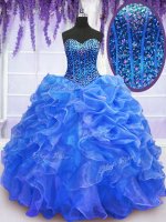 Comfortable Blue Organza Lace Up Quinceanera Dresses Sleeveless Floor Length Beading and Ruffles