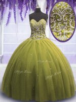 Sleeveless Tulle Floor Length Lace Up Quinceanera Dress in Olive Green with Beading and Appliques