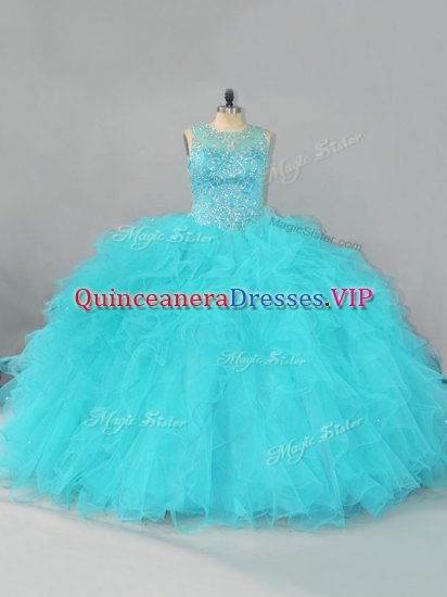 Aqua Blue Lace Up Quince Ball Gowns Beading and Ruffles Sleeveless Floor Length - Click Image to Close