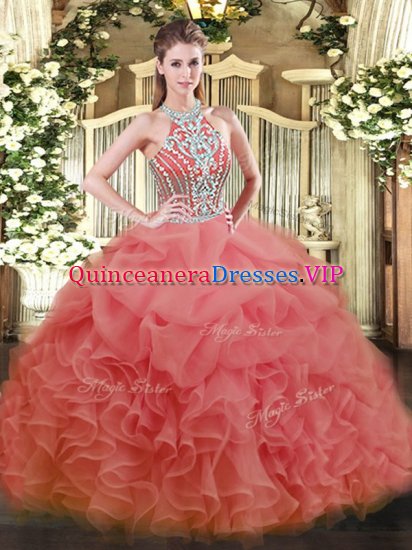 Watermelon Red Sleeveless Floor Length Beading Lace Up Vestidos de Quinceanera - Click Image to Close