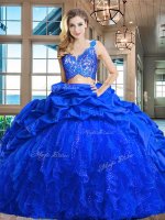Artistic Royal Blue Taffeta and Tulle Zipper V-neck Sleeveless Quinceanera Dress Brush Train Lace and Ruffles and Pick Ups(SKU SXQD033-2BIZ)