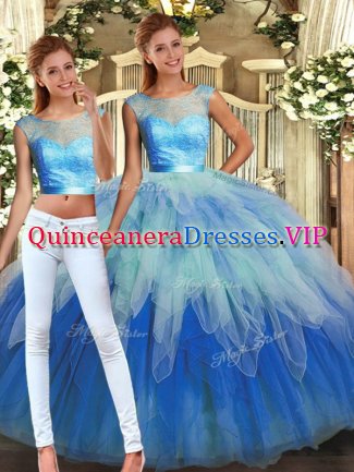 Fashionable Multi-color Sleeveless Lace and Ruffles Floor Length 15th Birthday Dress