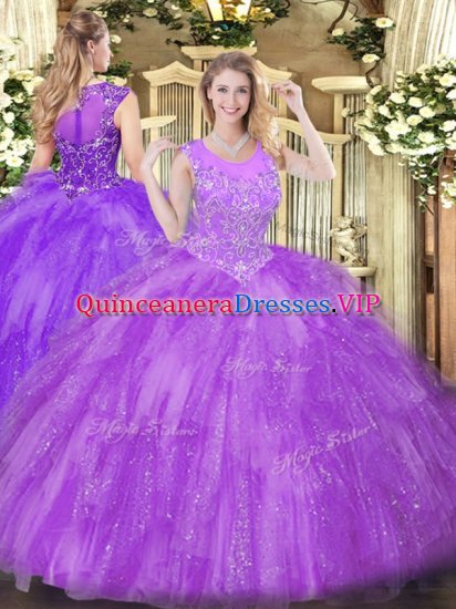 Sleeveless Tulle Floor Length Zipper Vestidos de Quinceanera in Lavender with Beading and Ruffles - Click Image to Close