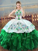 Elegant Green Halter Top Lace Up Embroidery and Ruffles Quinceanera Dresses Sleeveless