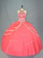 Stunning Tulle Halter Top Sleeveless Lace Up Beading and Ruffles 15 Quinceanera Dress in Watermelon Red(SKU PSSW1010BIZ)