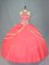 Stunning Tulle Halter Top Sleeveless Lace Up Beading and Ruffles 15 Quinceanera Dress in Watermelon Red