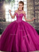 Low Price Brush Train Ball Gowns Quinceanera Dress Fuchsia Halter Top Tulle Sleeveless Lace Up(SKU SJQDDT2110002-11BIZ)