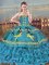 Suitable Satin and Organza Sleeveless Floor Length Sweet 16 Dresses Brush Train and Embroidery and Ruffles