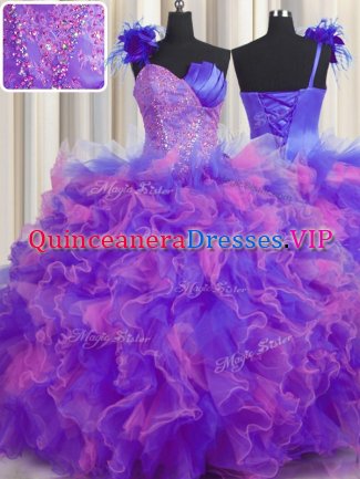 Handcrafted Flower Multi-color Ball Gown Prom Dress Military Ball and Sweet 16 and Quinceanera with Beading and Ruffles and Hand Made Flower One Shoulder Sleeveless Lace Up